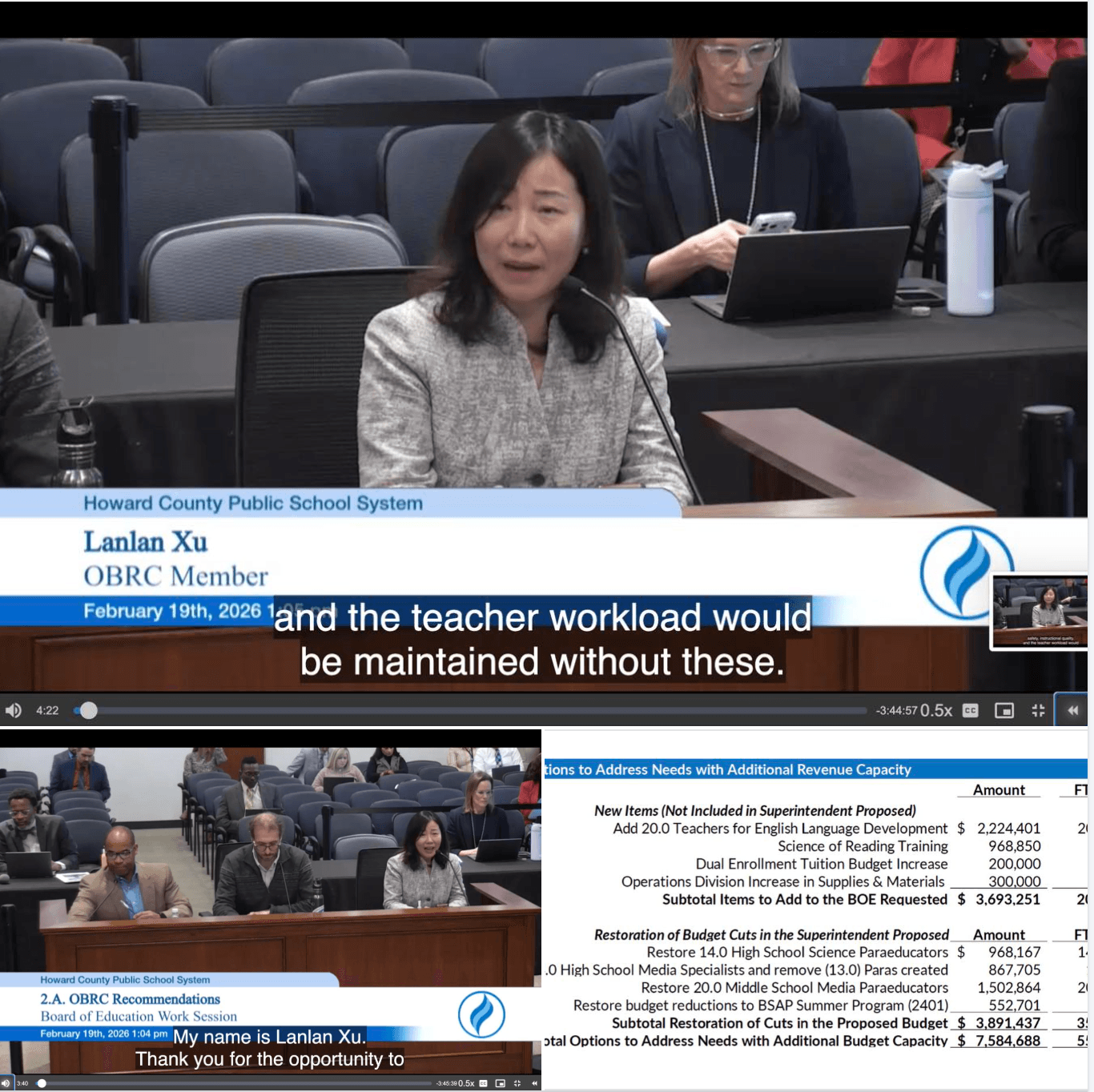 Lanlan Xu presenting OBRC recommendations at the Board of Education budget work session